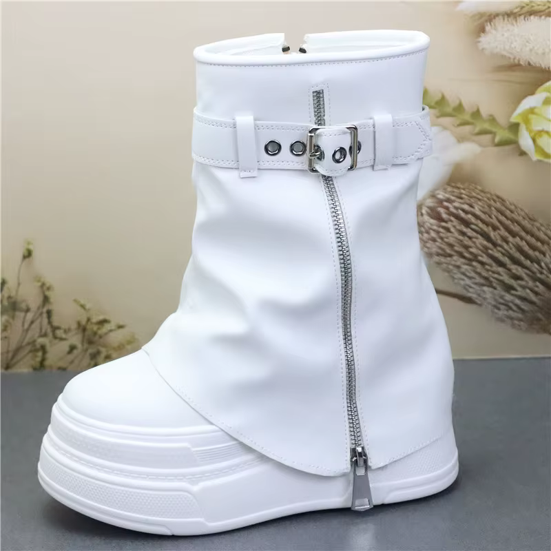 Bottes hautes à talon caché de 12cm pour femmes, baskets blanches à semelle Ultra haute et épaisse, 