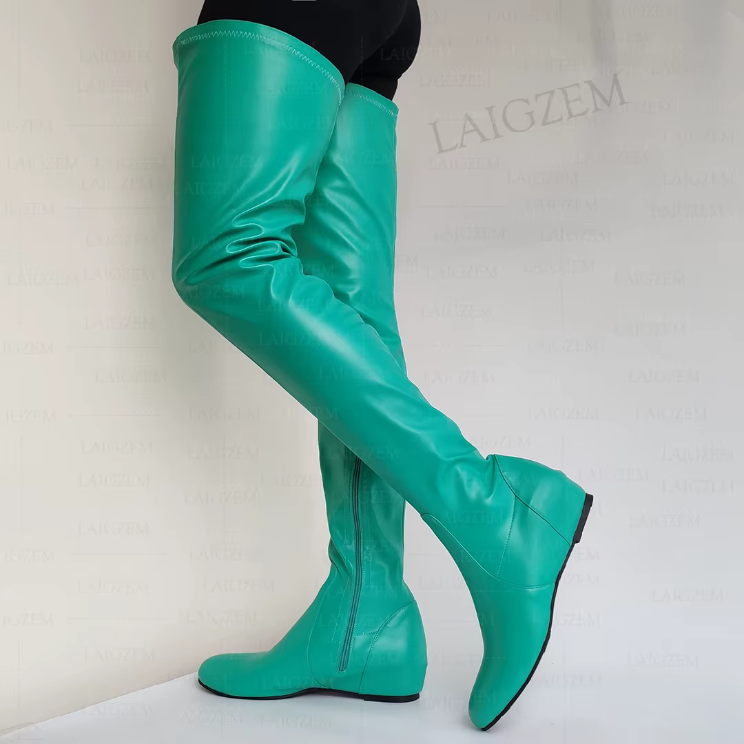 LAIGZEM femmes cuissardes en Faux cuir bout rond fermeture éclair latérale mi talons cachés bottes d
