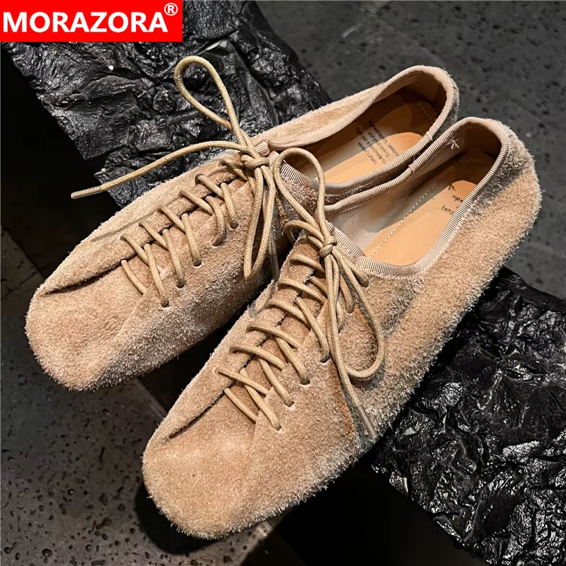 MORAZORA 2026 nouvelle vache daim cuir femmes baskets à lacets mode chaussures plates de haute quali