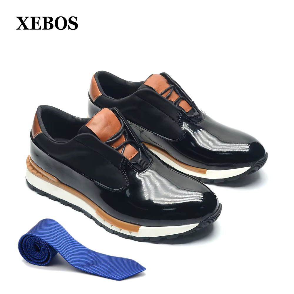 XEBOS luxe hommes Oxford baskets noir véritable cuir verni à lacets semelle antidérapante lisse bure
