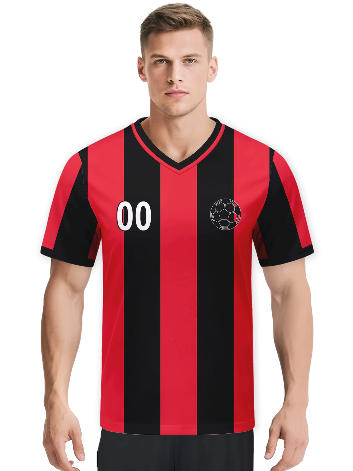 Maillot de football personnalisé avec logo, nom, numéro, chemise d'équipe de football personnalisée pour hommes, jeunes femmes, haut de football rayé rouge et noir