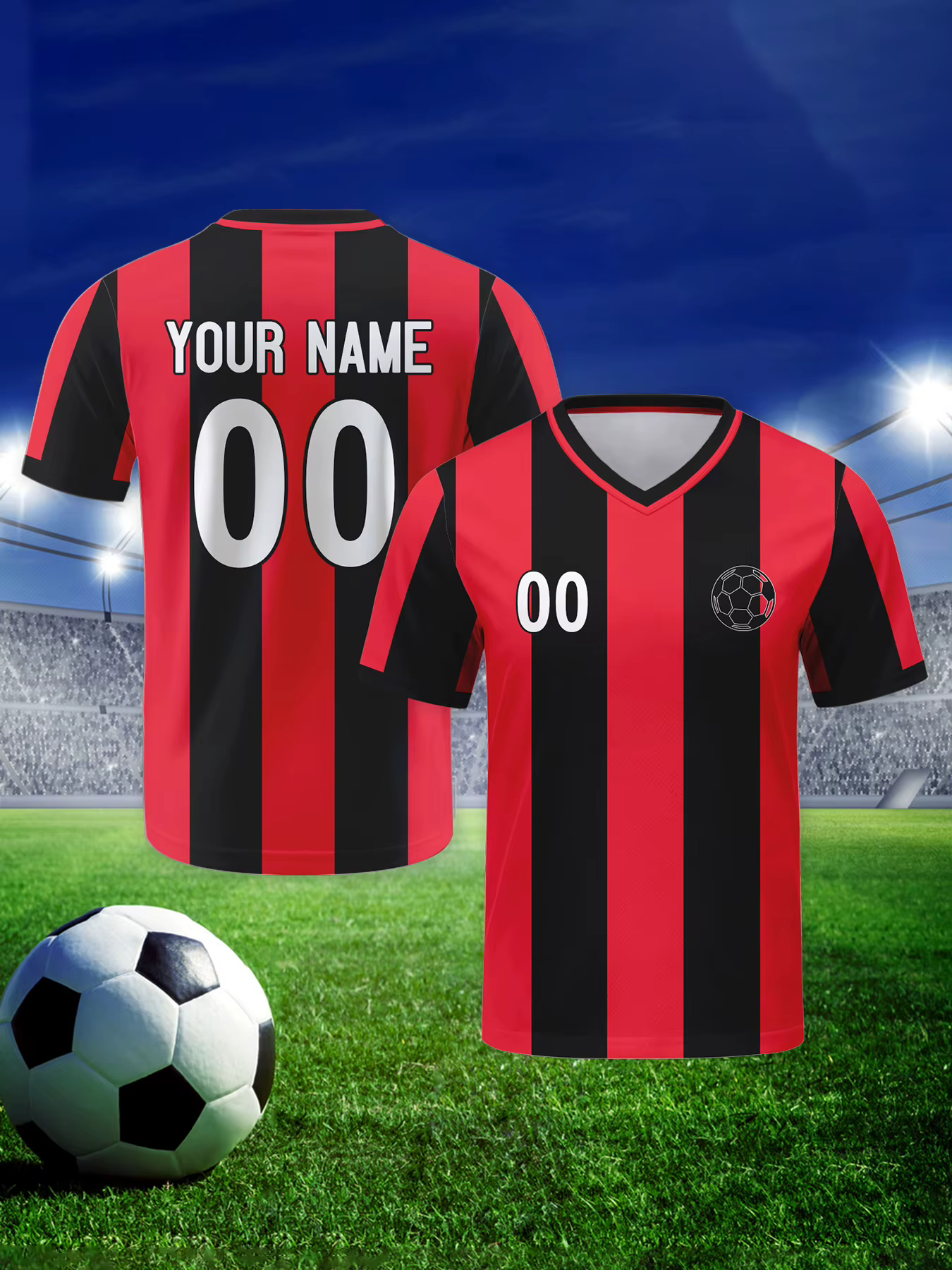 Maillot de football personnalisé avec logo, nom, numéro, chemise d'équipe de football personnalisée pour hommes, jeunes femmes, haut de football rayé rouge et noir