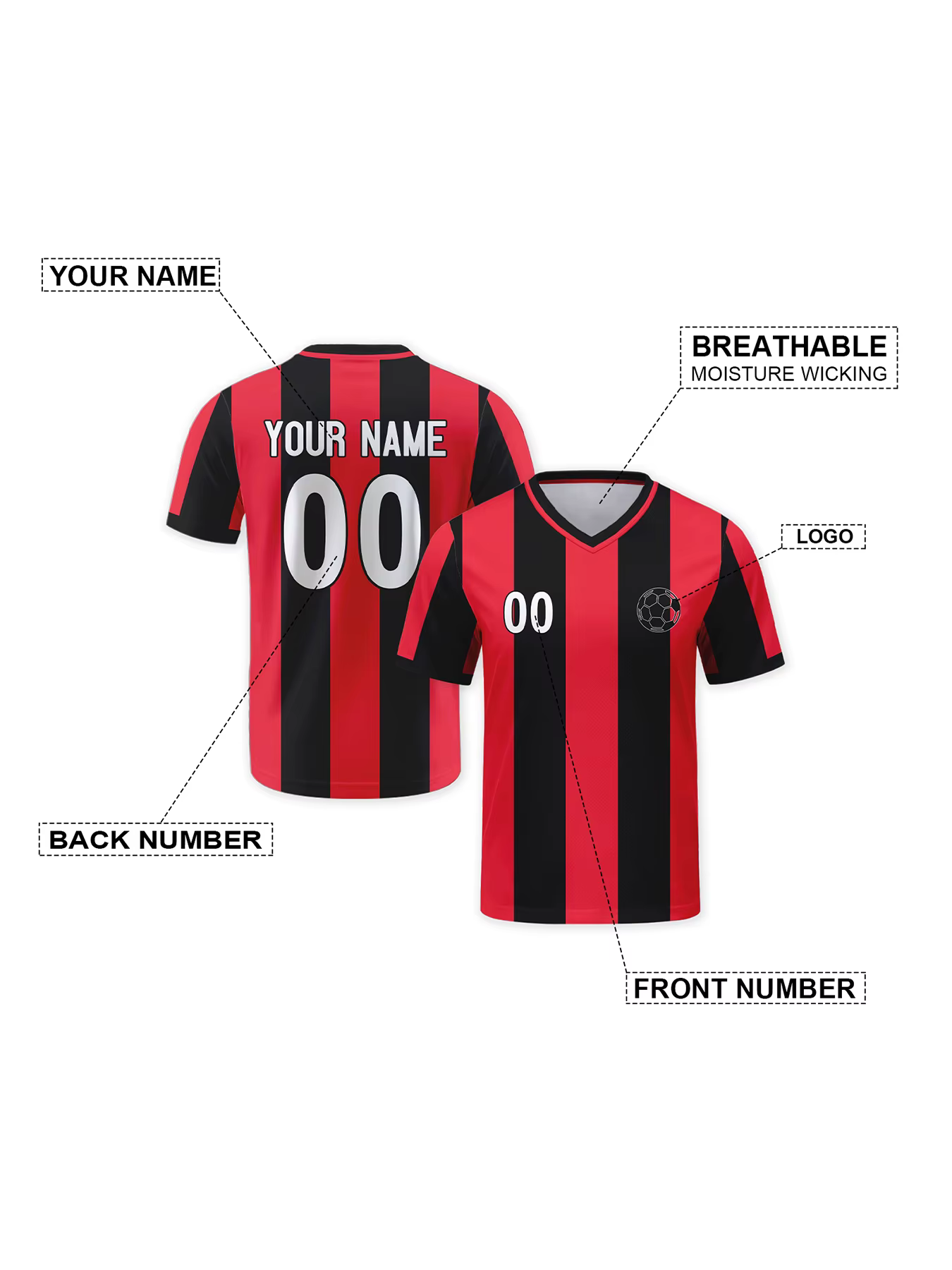 Maillot de football personnalisé avec logo, nom, numéro, chemise d'équipe de football personnalisée pour hommes, jeunes femmes, haut de football rayé rouge et noir
