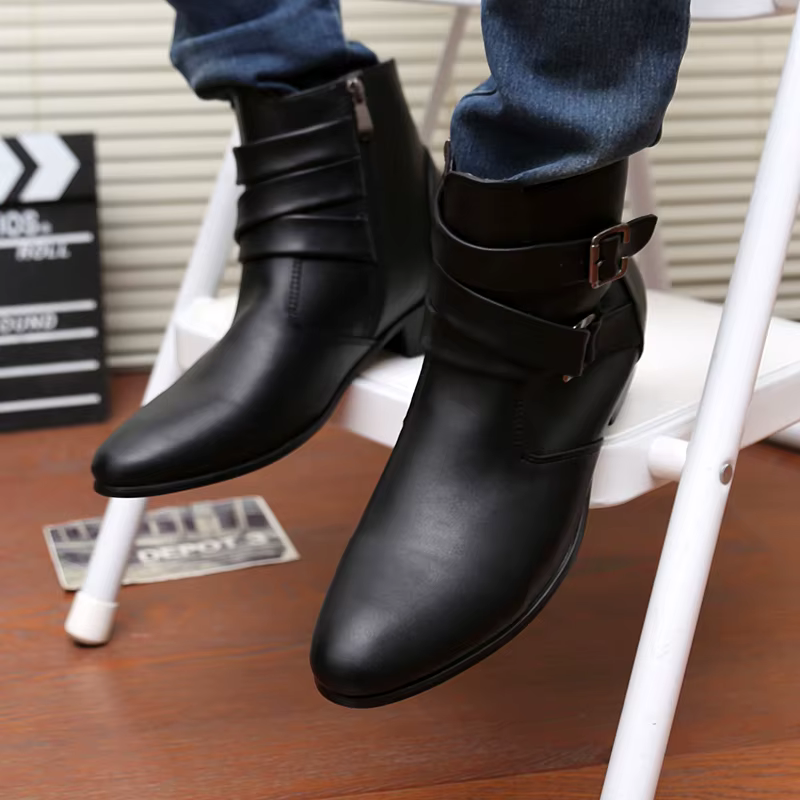 VUSUVON mode hommes printemps automne bout pointu hauteur augmenter Chelsea bottines Western haut chaussures décontractées en cuir PU
