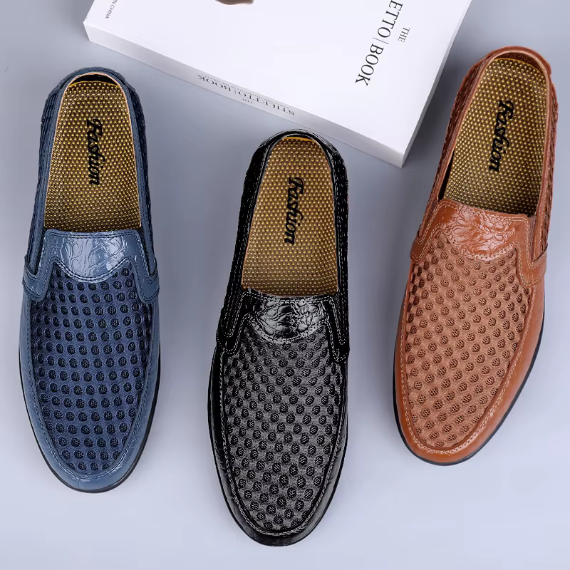 FUQIAO 2026 Nouvelles Chaussures Décontractées Homme Été Confortables en Maille Cuir Véritable Tendance Souples