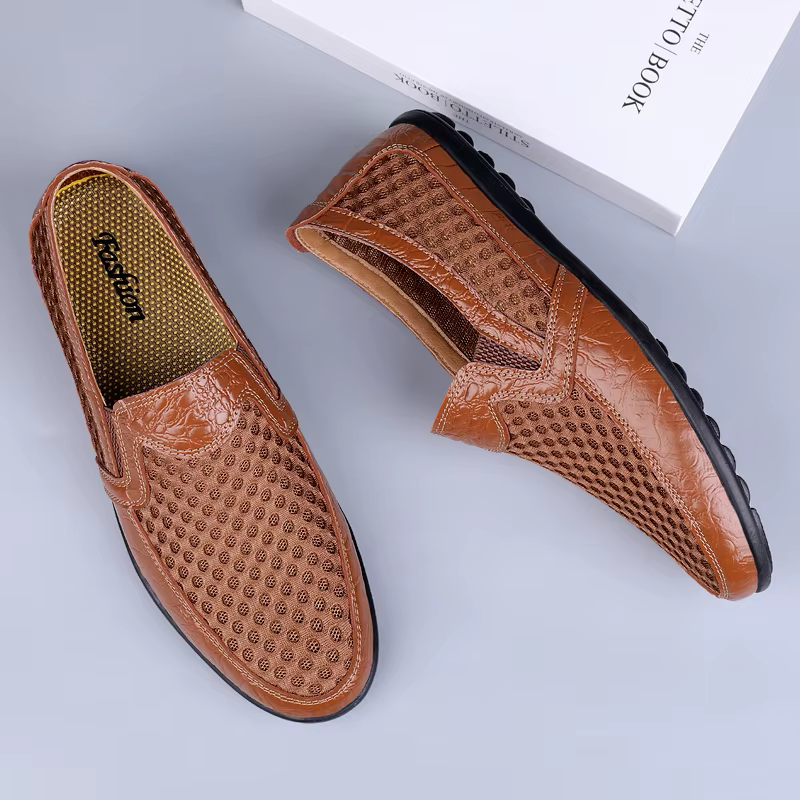 FUQIAO 2026 Nouvelles Chaussures Décontractées Homme Été Confortables en Maille Cuir Véritable Tendance Souples