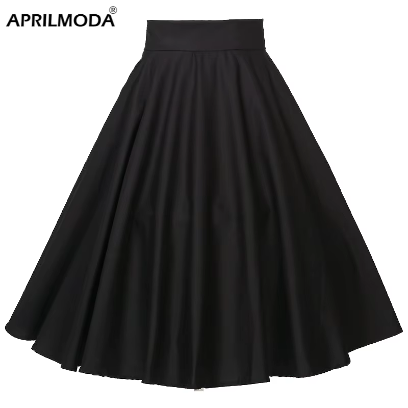 Jupes mi-longues en coton pour danse Rockabilly, vêtements de fête pour femmes, tenue de Club, cercle complet, Long patineur, noir, rouge, années 1950, 4xl, 2025