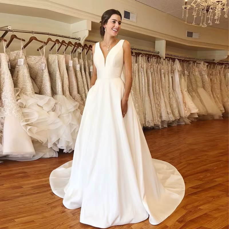 Robe de mariée personnalisée en satin ivoire sexy pour l'automne – Robe de mariée transparente pour mariage