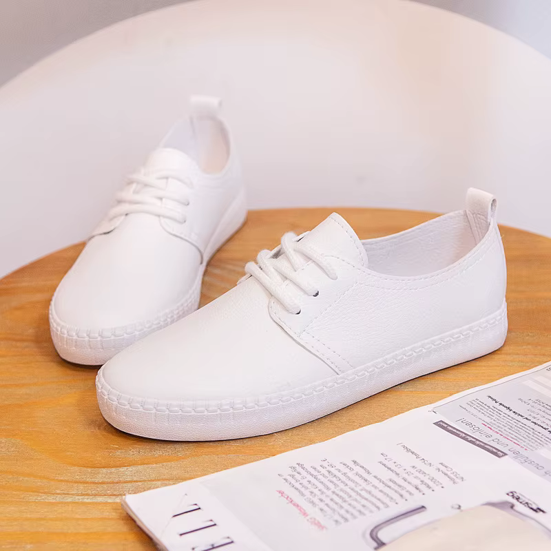Femmes baskets blanches couleur unie Style de base tout Match dame chaussures talon plat en cuir souple à lacets bonne qualité filles chaussure noir