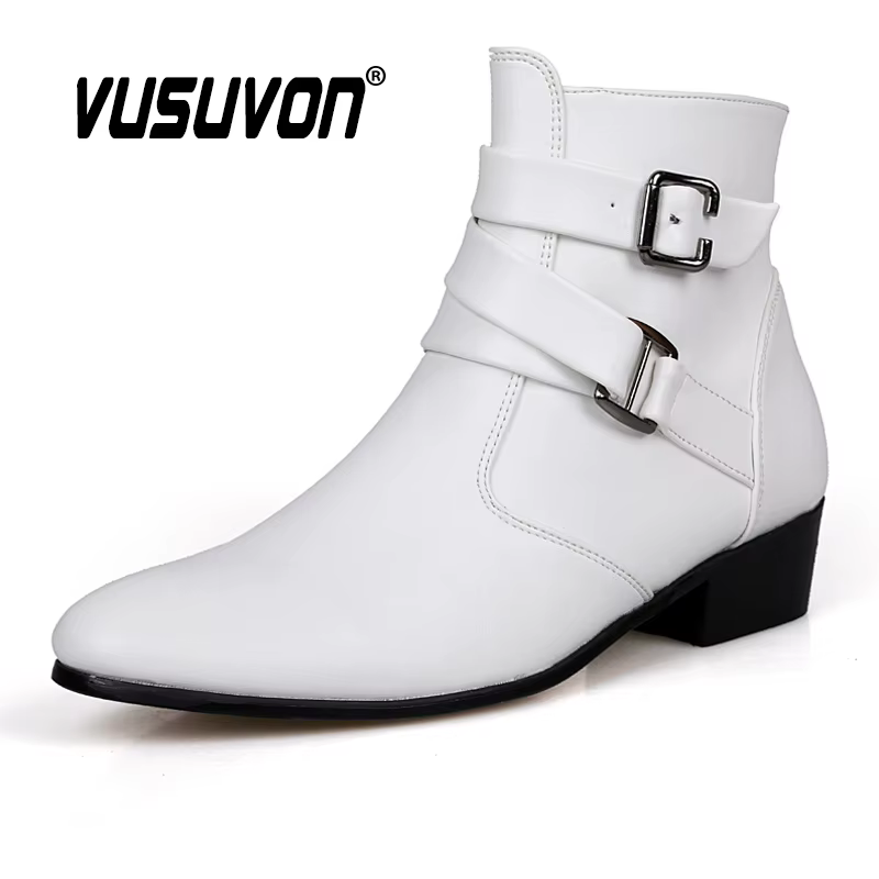 VUSUVON mode hommes printemps automne bout pointu hauteur augmenter Chelsea bottines Western haut chaussures décontractées en cuir PU