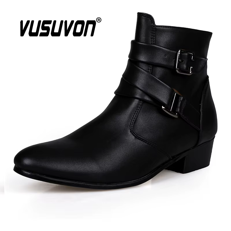 VUSUVON mode hommes printemps automne bout pointu hauteur augmenter Chelsea bottines Western haut chaussures décontractées en cuir PU