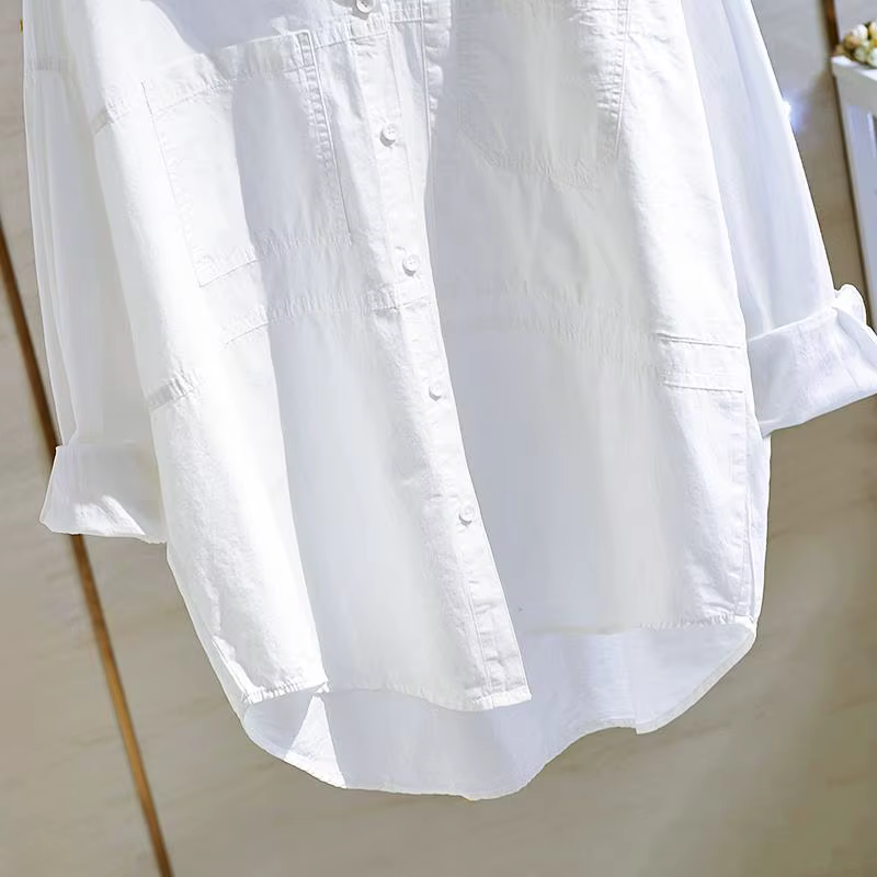 Chemises surdimensionnées en coton blanc pour femmes, chemisier tendance, double poche, manches longues, mode coréenne, Y-Female, garçon, ami, 2021