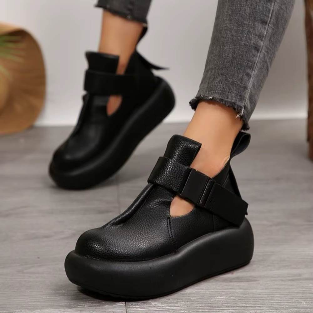 Bout rond semelle épaisse en cuir rétro plate-forme chaussures femmes loisirs romain