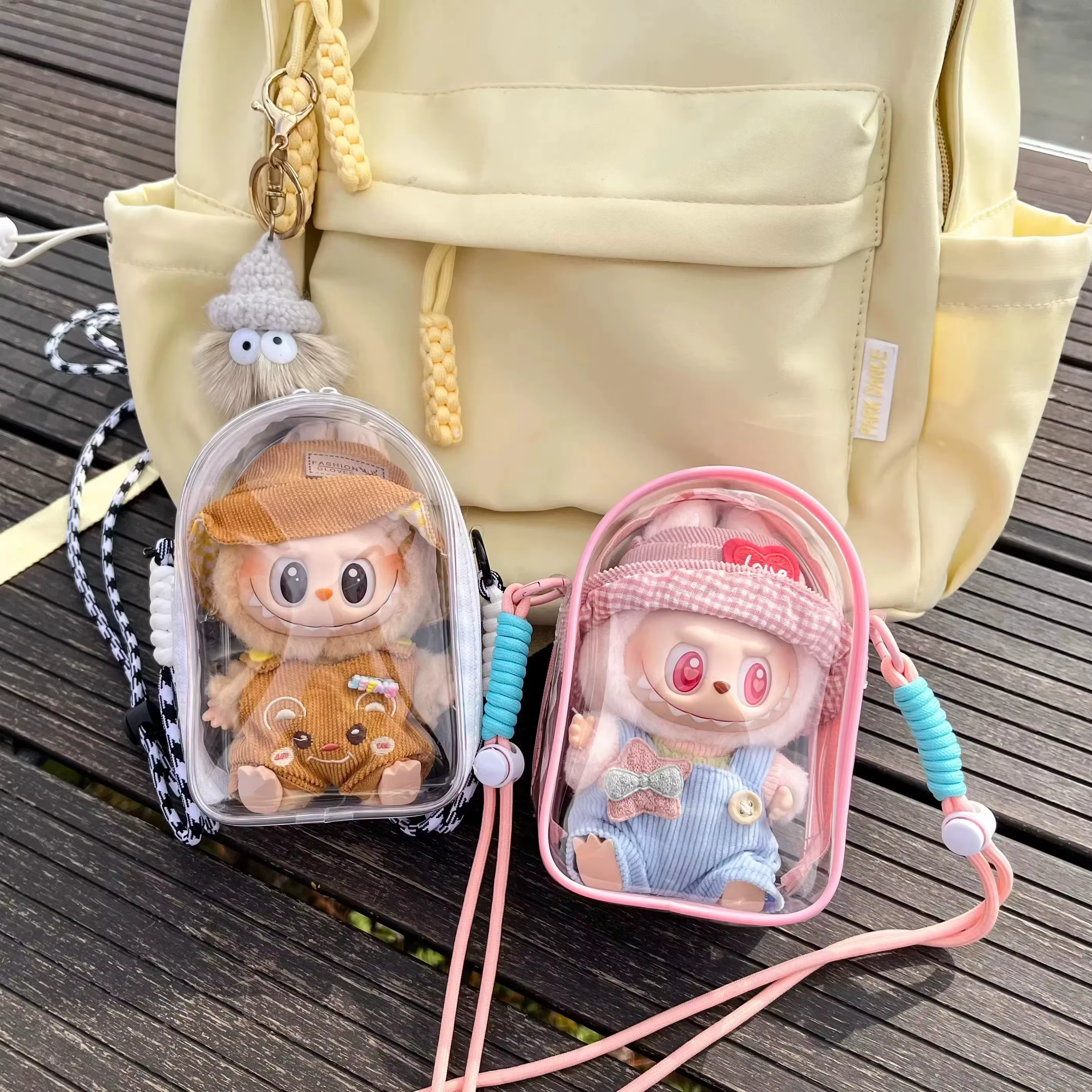 Labubu étui de protection Labubu assis fête 17 cm coton poupée épaule douleur sac PVC sac de rangement Labubu marche sac anti-poussière
