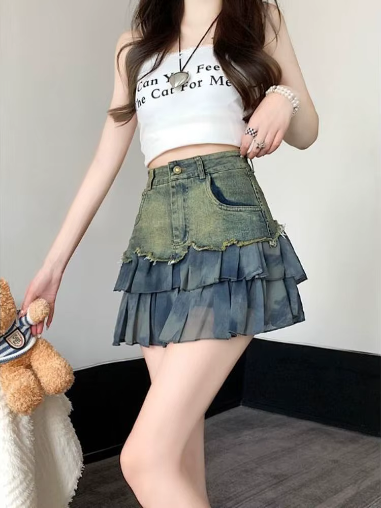 Jupe en jean style Spice Girl pour femme, été, coupe irrégulière, bords bruts, taille haute, style A-line, effet enveloppant