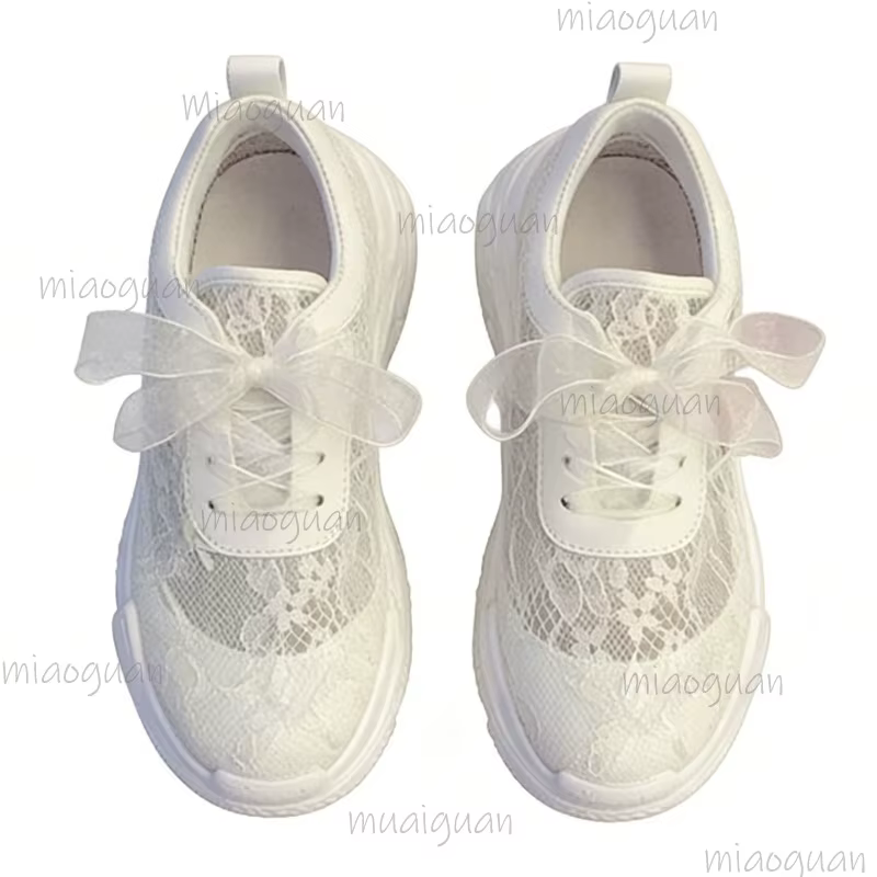Baskets compensées blanches en dentelle pour femme – Chaussures d'été respirantes en maille