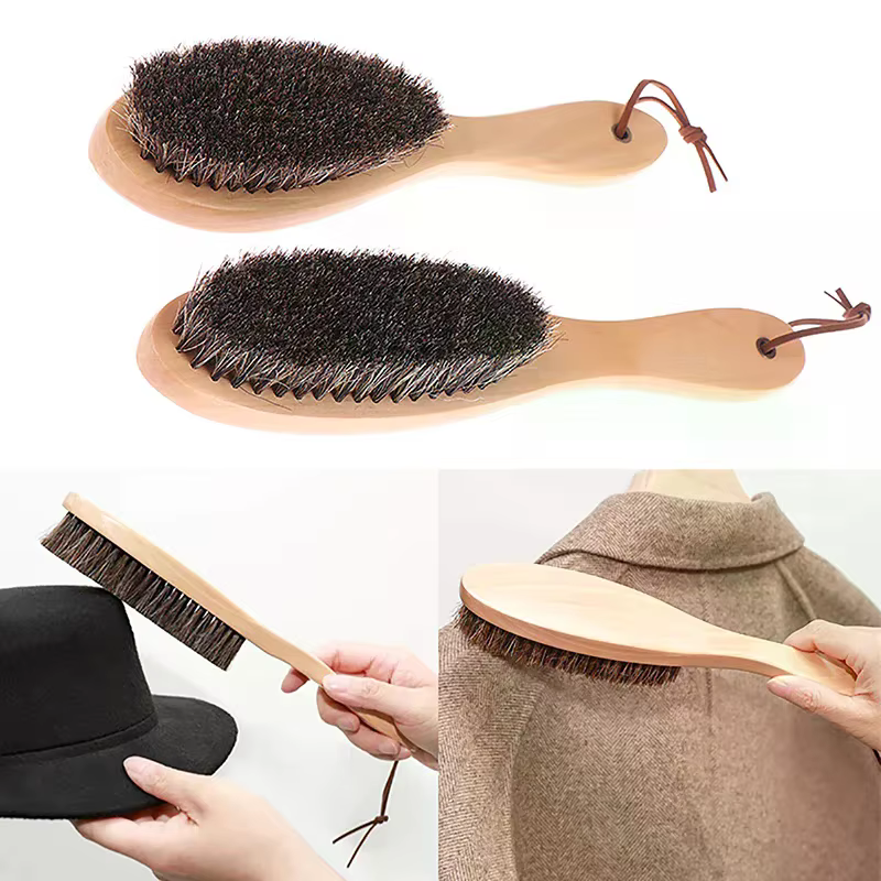 Brosse en crin de cheval, manche en bois, brosse pour vernis à chaussures, brosse de nettoyage du linge en crin de cheval doux, brosse de nettoyage antistatique