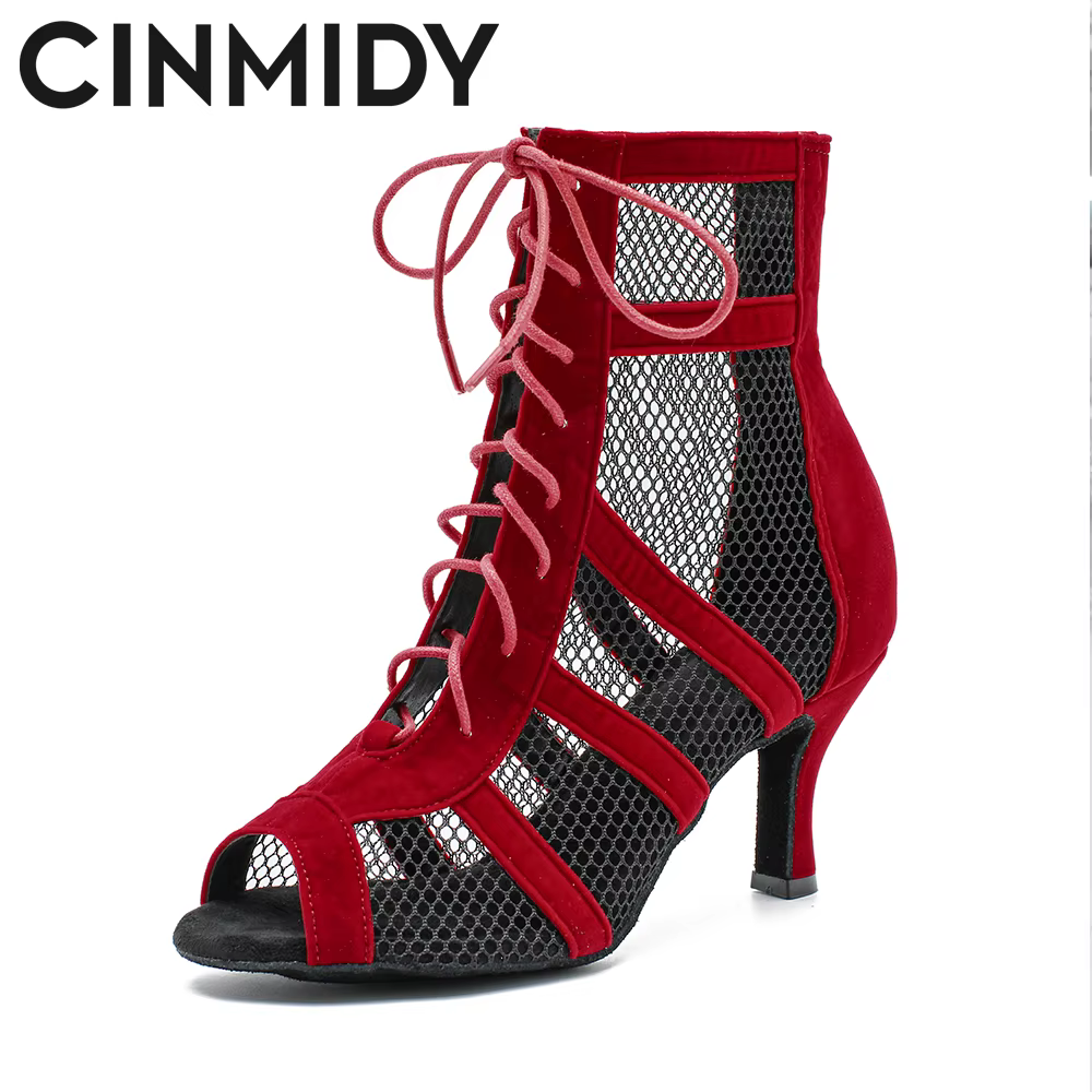Chaussures de danse latine montantes rouges pour femmes, bottes de danse Jazz à pôle de salle de bal, semelles souples pour dames, Tango/Salsa, talons hauts en maille