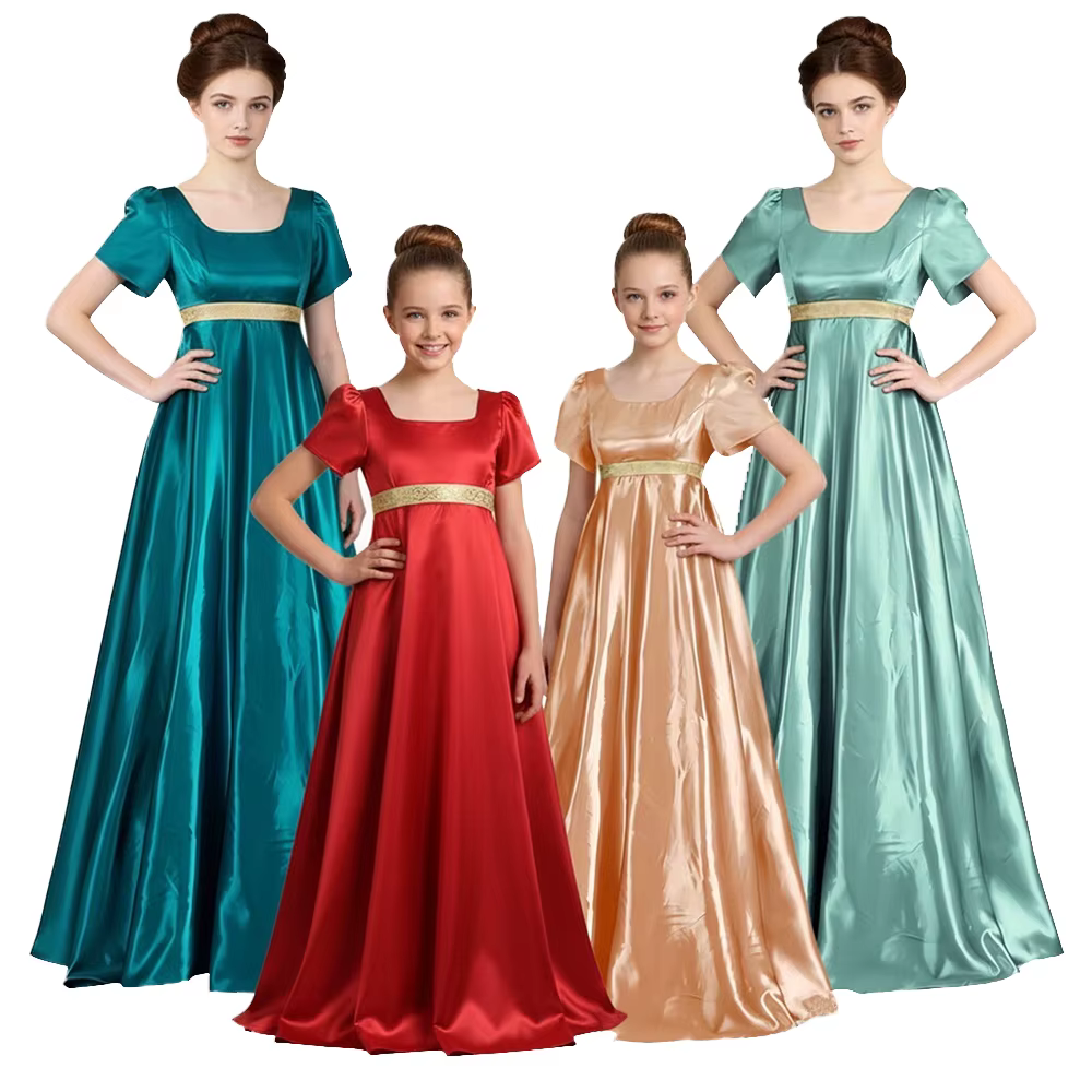 Robe de style Empire pour femmes, inspirée de l'époque victorienne et de Jane Austen, en satin, pour bals, dîners et réceptions.