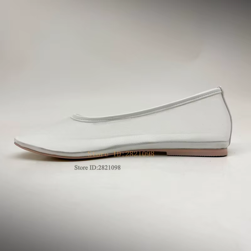 Ballerines en maille blanc pur Tulle chaussures pour femmes respirant sans lacet ballerine bout rond confortable quotidien décontracté travail robe chaussure