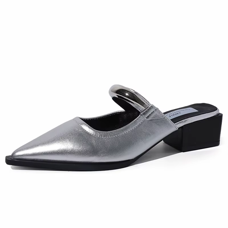 Mules d'été à bout couvert pour femmes, pantoufles à la mode, décoration en métal, chaussures coulissantes à talons épais, confortables, Style de rue
