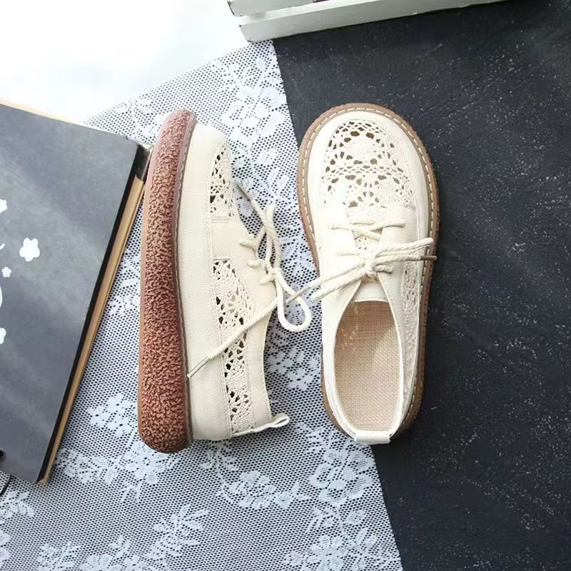 Beige été respirant style maille mocassins femme décontracté à lacets appartements 3 cm d'épaisseur bas découpes tricot chaussures rondes