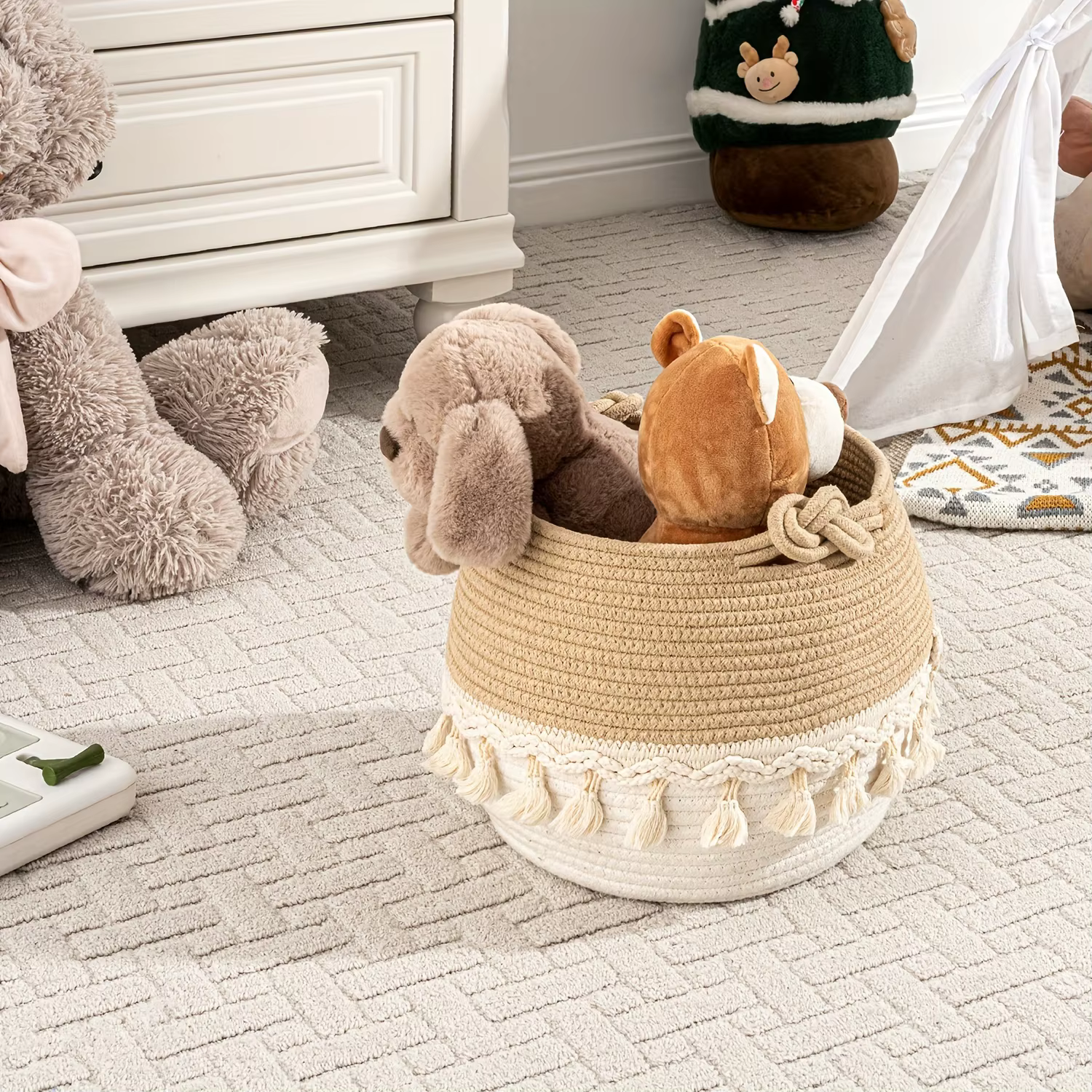 Panier de rangement en corde de coton bohème avec pompon, paniers tissés pour l'organisation, panier organisateur, panier à linge pour vêtements, jouets