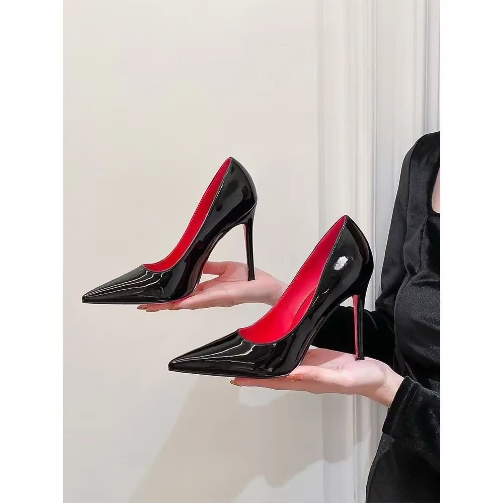 Semelle rouge talons hauts bout pointu Sexy Stiletto boîte de nuit chaussures de travail velours matériel Style coréen bout rond semelle extérieure en caoutchouc
