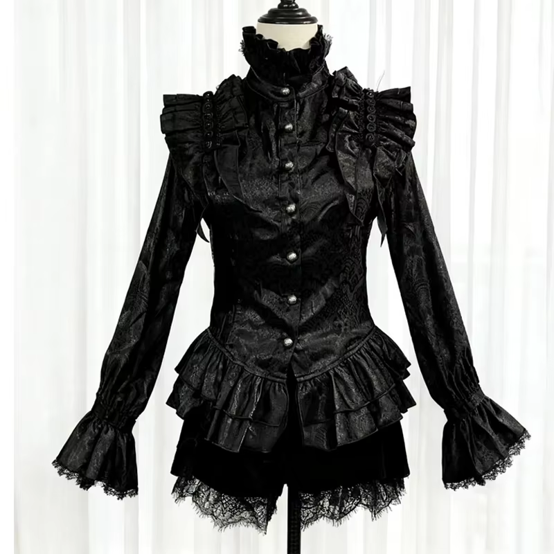 Chemise gothique victorienne de Style médiéval, col haut, volants, garniture en dentelle, manches bouffantes, chemisier Vintage, Lolita Cosplay, haut élégant de fête