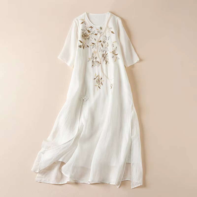 Robes brodées de style chinois pour femmes, coton, lin, manches courtes, vintage, col rond, vêtements d'été, coréen, nouveau, 2024