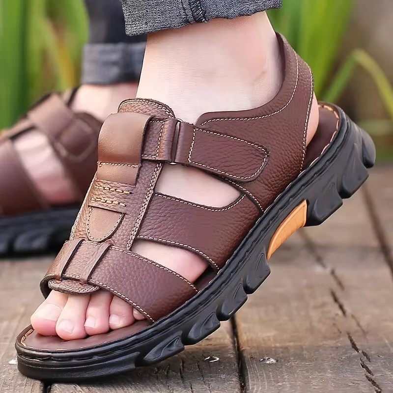 Sandales pour hommes chaussures de couleur unie réglables confort décontracté d'été avec semelle en caoutchouc durable