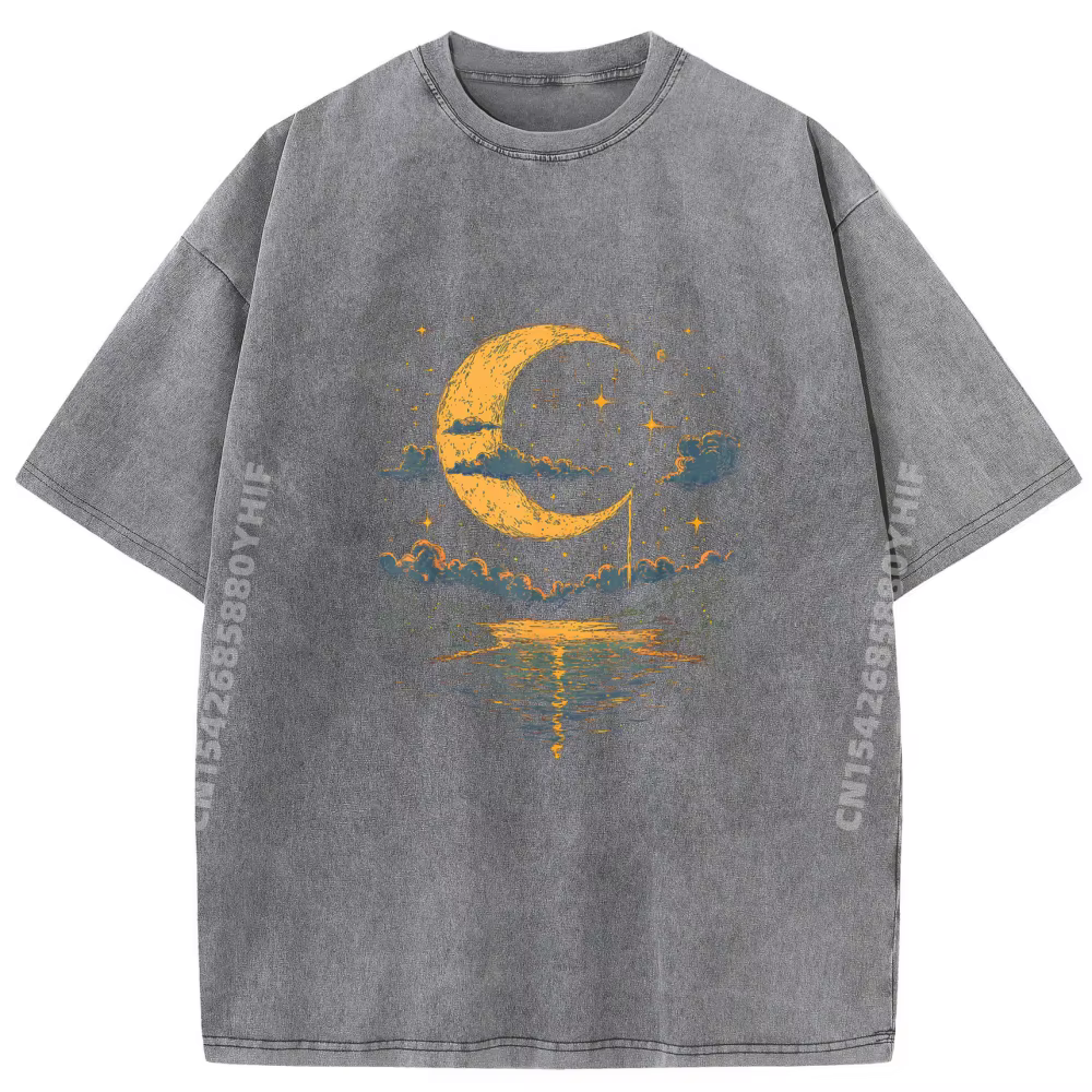 T-shirt Homme Décontracté Style Bohème Hippie Vintage Céleste Demi-Lune Effet Délavé Style Chinois