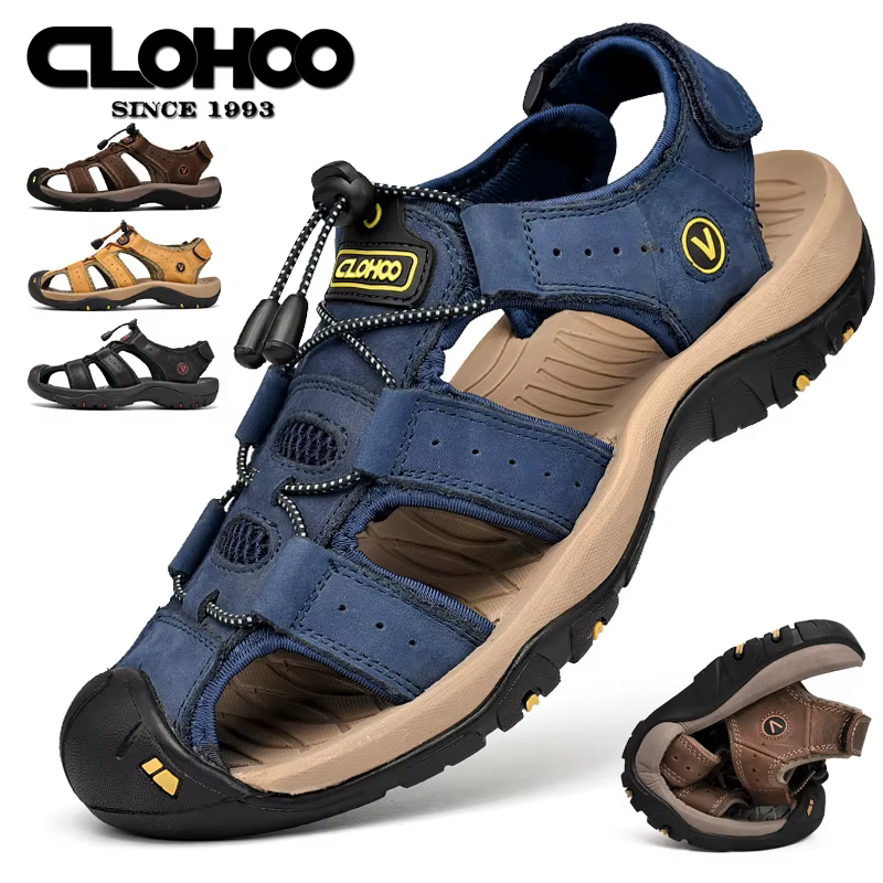 CLOHOO sandales pour hommes faites à la main fond épais en caoutchouc respirant décontracté chaussures de plage à enfiler en cuir Version améliorée