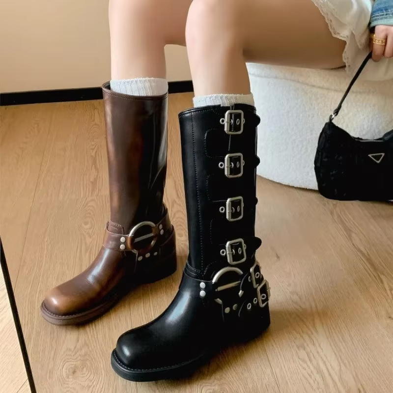 Plate-forme bottes de Combat fermeture éclair talon épais boucle Vintage mode décontracté luxe concepteur Western