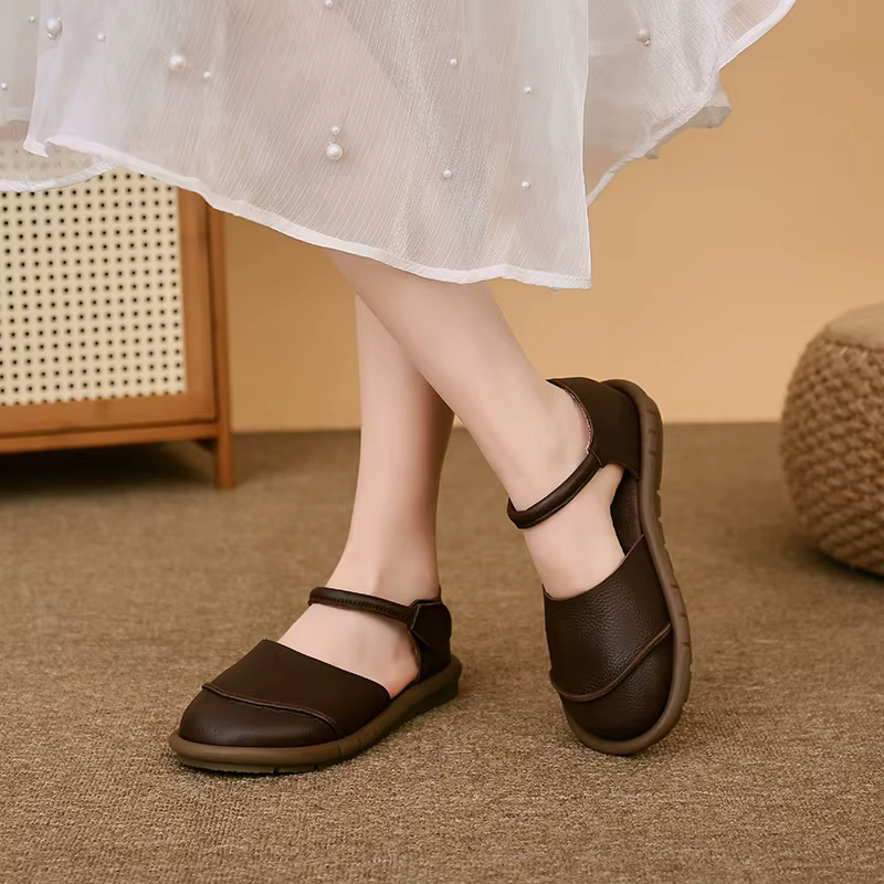 2025 Johnature rétro fait à la main en cuir véritable sandales plates été décontracté polyvalent confortable semelle souple chaussures pour femmes