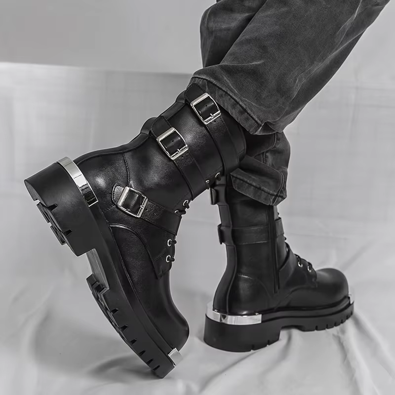 Style Punk hommes bottes mode boucle de ceinture conception mi-mollet botte haute qualité en cuir