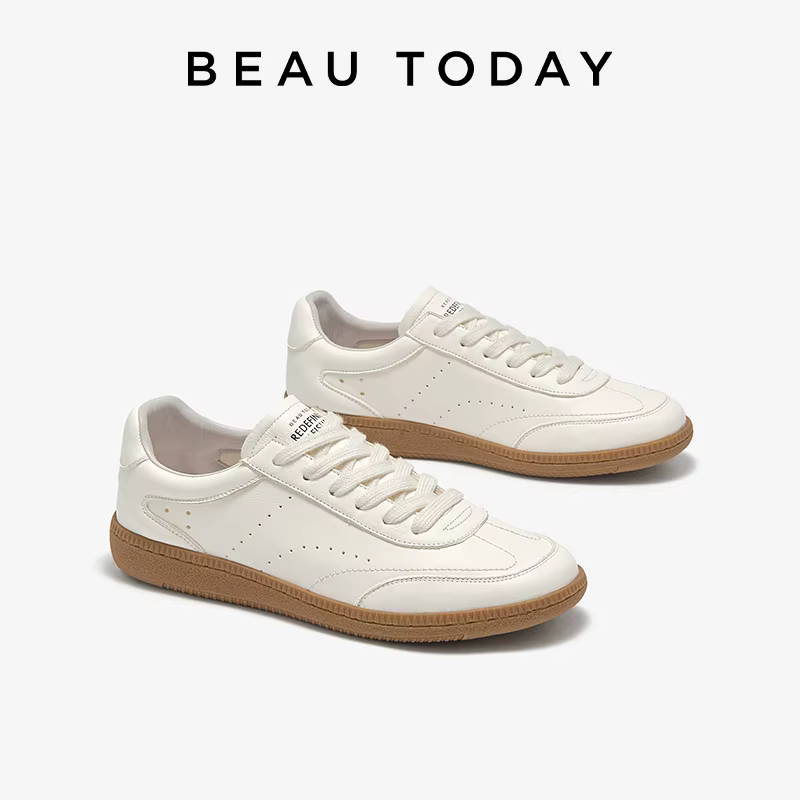 BEAUTODAY baskets blanches femmes cuir de vache à lacets bout rond couture dames chaussures d'entraînement à la main 29932