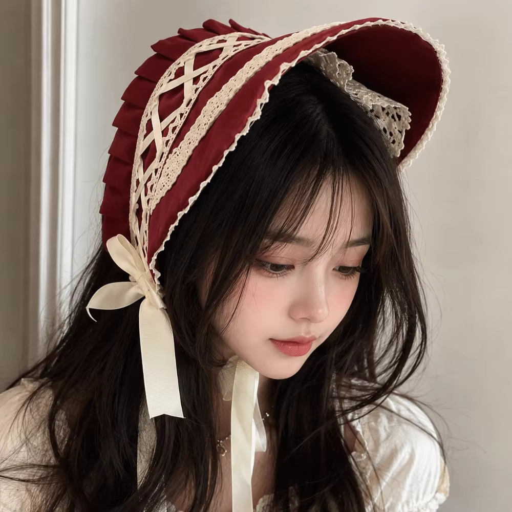 Bonnet Lolita Style Pastorale pour Fille, Nœud Vintage Victorien, Coiffe Élégante et Magnifique en Dentelle, Chapeau de Fête