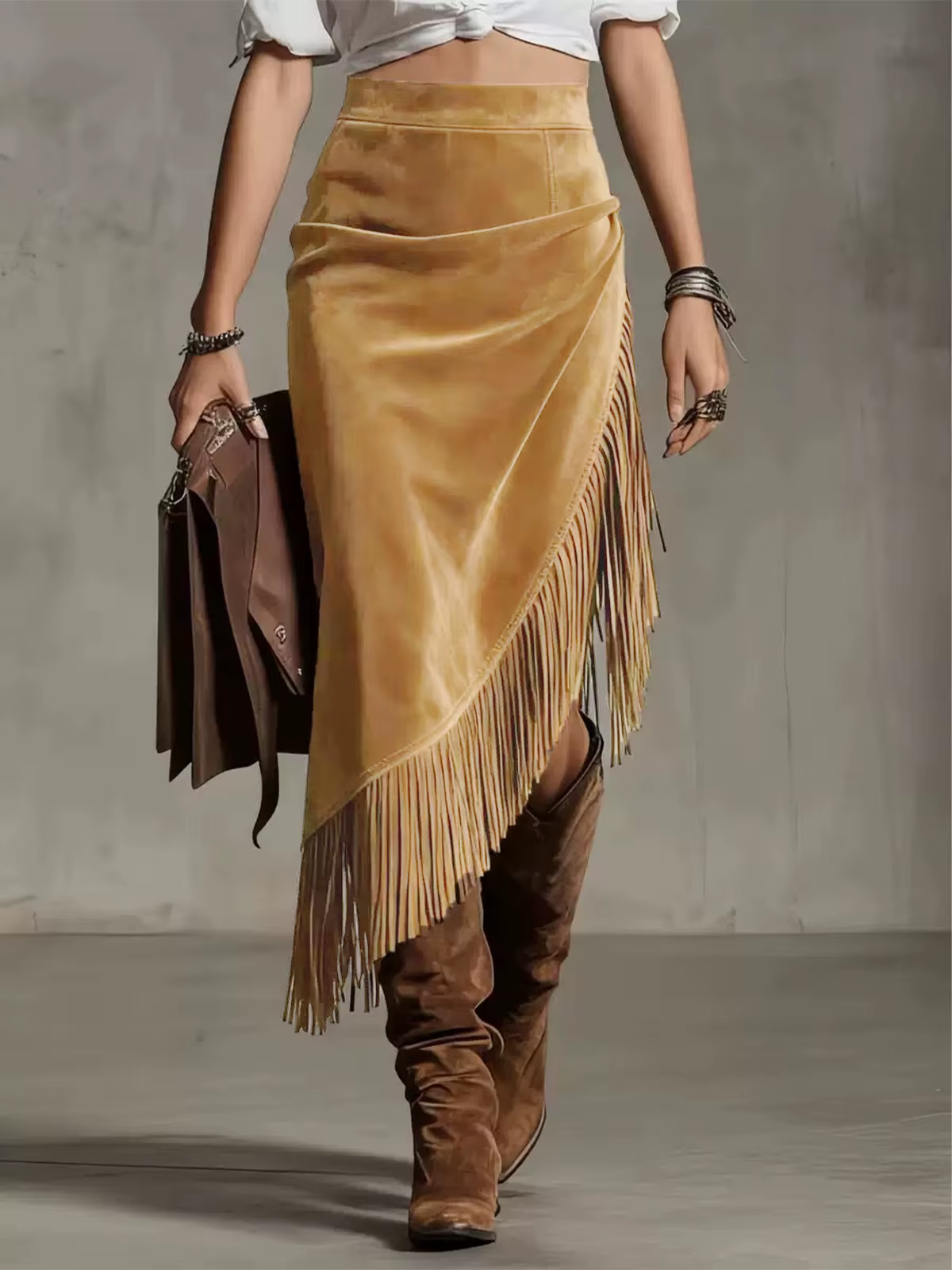 Jupe en daim de style western rétro, design irrégulier, jupe unie