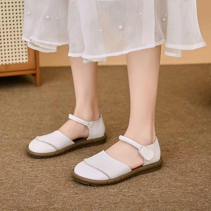 2025 Johnature rétro fait à la main en cuir véritable sandales plates été décontracté polyvalent confortable semelle souple chaussures pour femmes