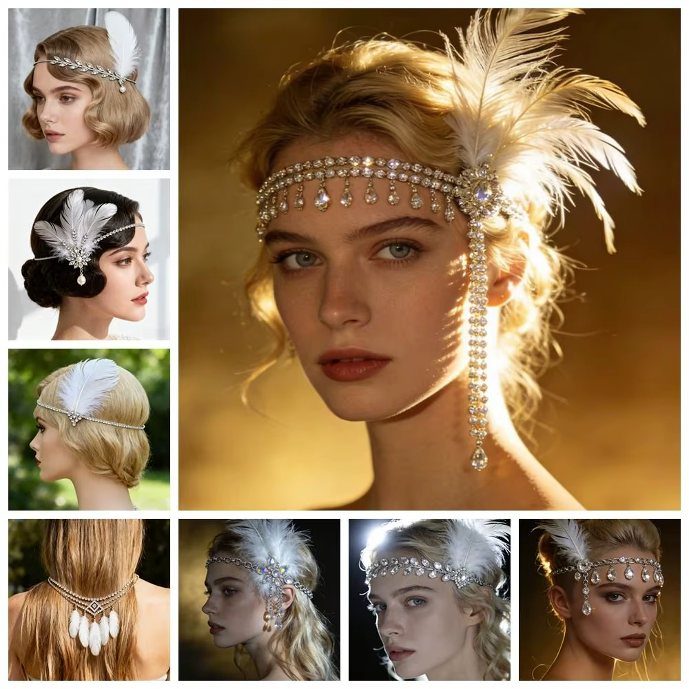 Serre-tête vintage style Gatsby avec plumes, fascinateur à sequins, bandeau de mascarade, accessoires de cheveux élégants en cristal des années 20