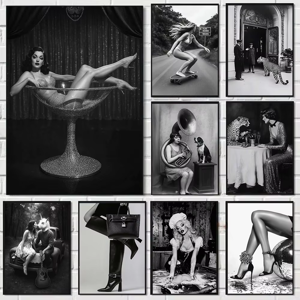 Art burlesque, glamour rétro, pin-up girl, esthétique vintage, style cabaret, décoration de luxe, image noir et blanc