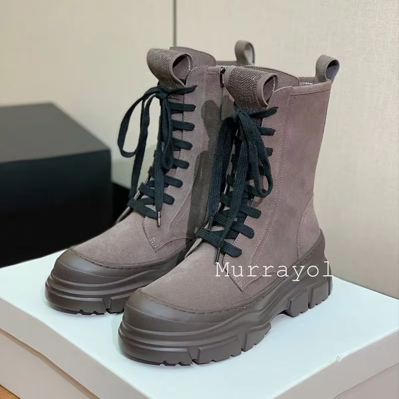 Enfant daim bande élastique Patchwork cheville Botas femmes bout rond Lacer-up plat fond épais bottes courtes automne