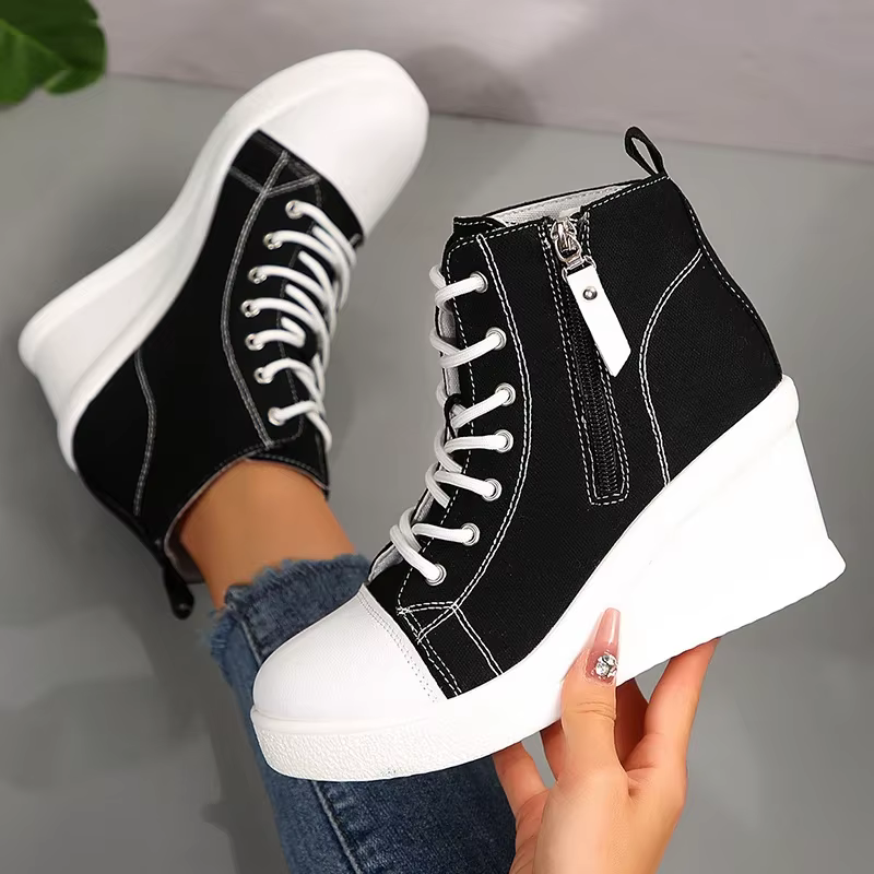 Mélange de couleurs blanc noir haut chaussures en toile compensées femme automne 2025 à lacets plate-forme baskets pour