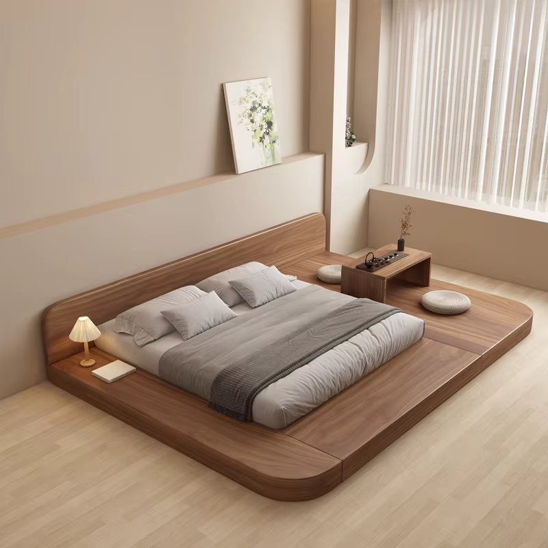 Lit king-size de style japonais, lit bas tatami, lit double avec sommier intégré, lit bas au sol personnalisable en bois massif