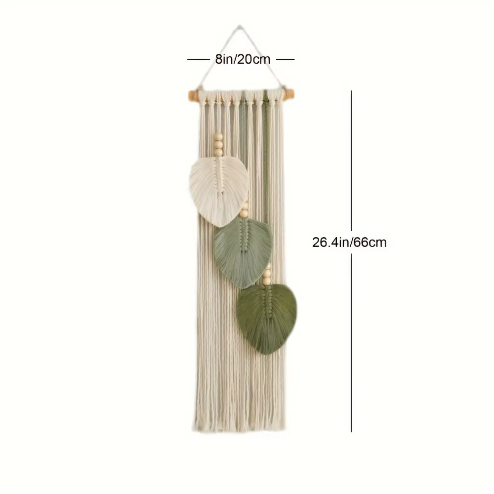 Tapisserie murale en macramé à motif de feuilles bohèmes, tissée à la main avec des perles en bois, pour la décoration murale du salon ou de la chambre à coucher, style bohème