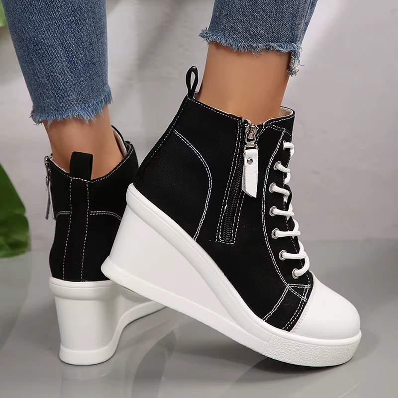 Noir haut toile baskets chaussures pour femmes classique plate-forme talon compensé