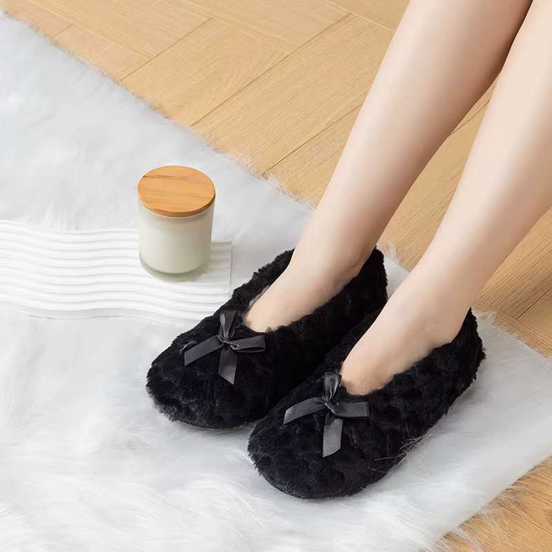 1 Paire de Chaussettes d'Hiver Chaudes pour Femmes, Chaussettes d'Intérieur en Peluche Douces et Moelleuses, Couleur Unie, avec Nœud, Antidérapantes, Chaussons pour Femmes