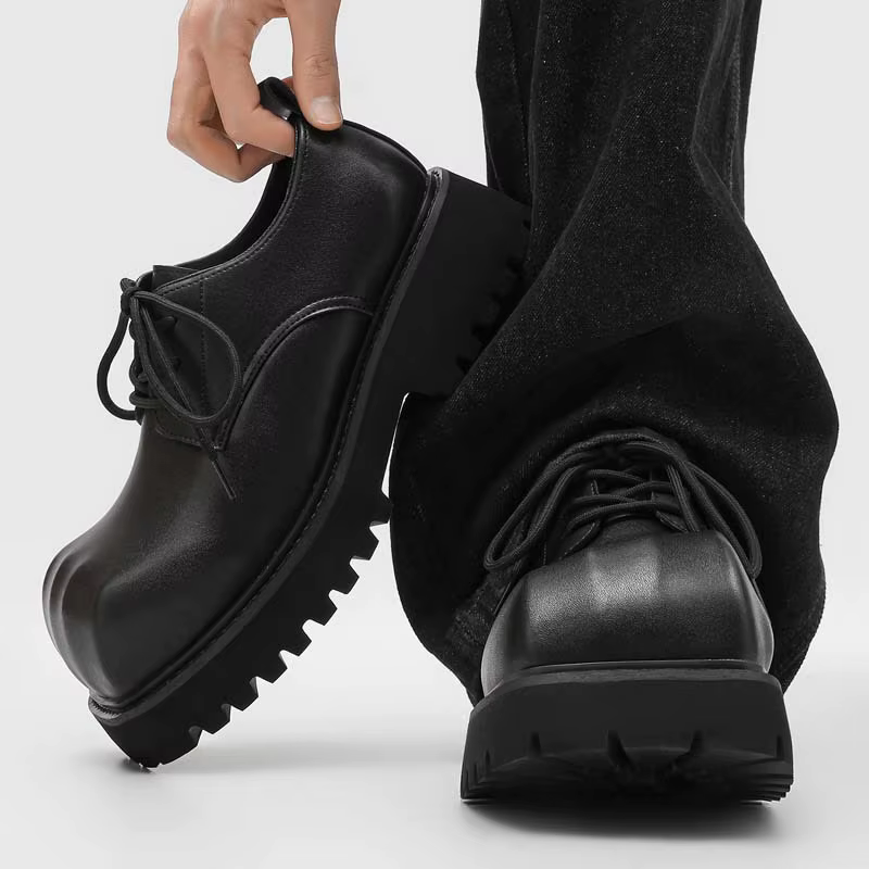 Nouvelles Chaussures Derby à Bout Rond Paris 2026, Plateforme Épaisse, Décontractées, Noires Brillantes, Polyvalentes, Talon Moyen, Doublure en Cuir, Chaussures pour Hommes