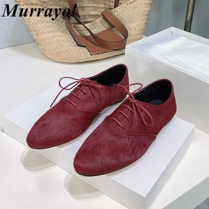 Chaussures plates à lacets en fourrure pour femmes, couleur unie, bouche profonde, simples, en cuir véritable, chaussures de marche rétro quatre saisons, nouvelle collection 2025